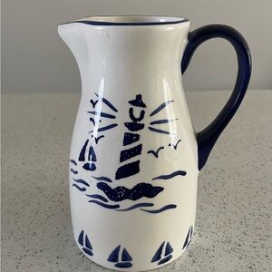 “BY GANZ” Blue and White Lighthouse Ceramic Pitcher